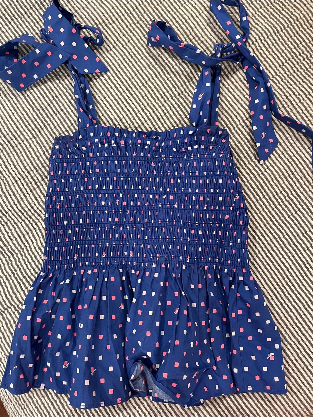 Navy Smocked Tie-Shoulder Romper with Pink & White Squares
